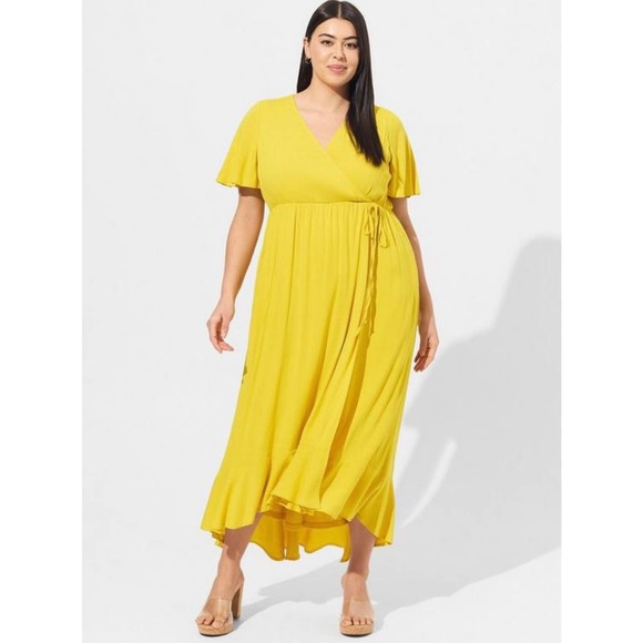 Torrid Womans Yellow Solid  Rayon Slub Surplice Maxi Wrap Dress Size 0X NWT - Picture 1 of 3